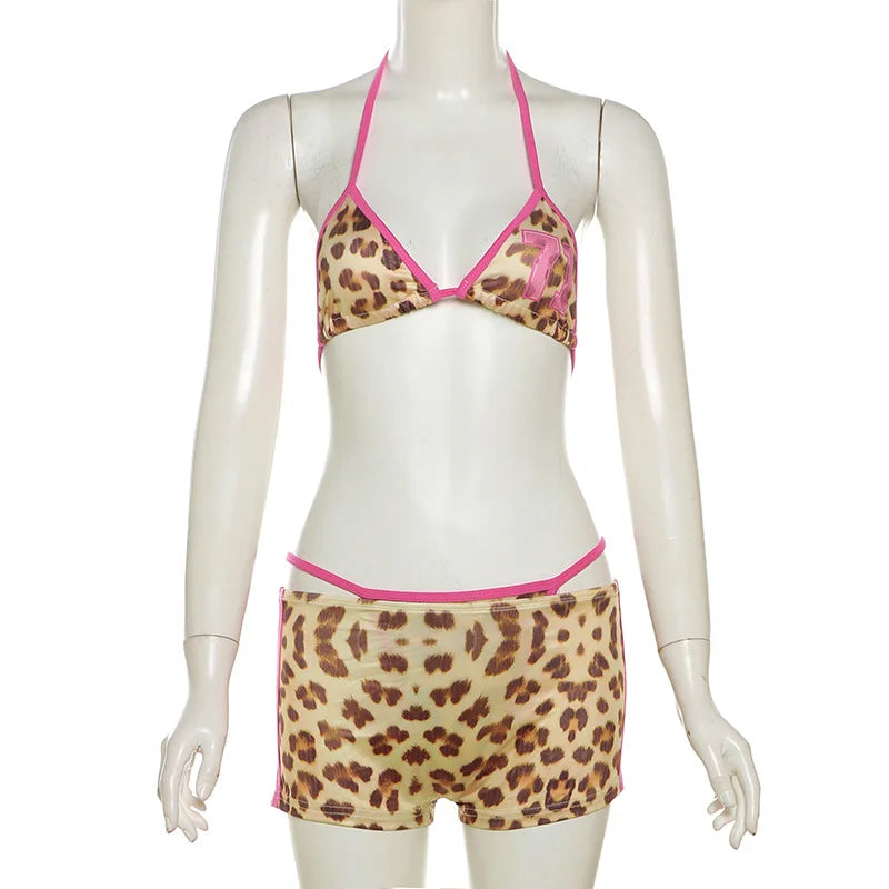 3-Piece Leopard Print Bikini Triangle Bra Swimsuit Set with Boyshorts