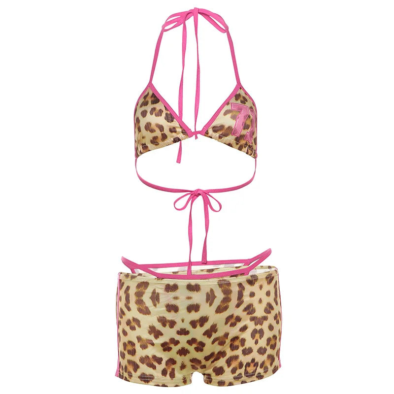 3-Piece Leopard Print Bikini Triangle Bra Swimsuit Set with Boyshorts