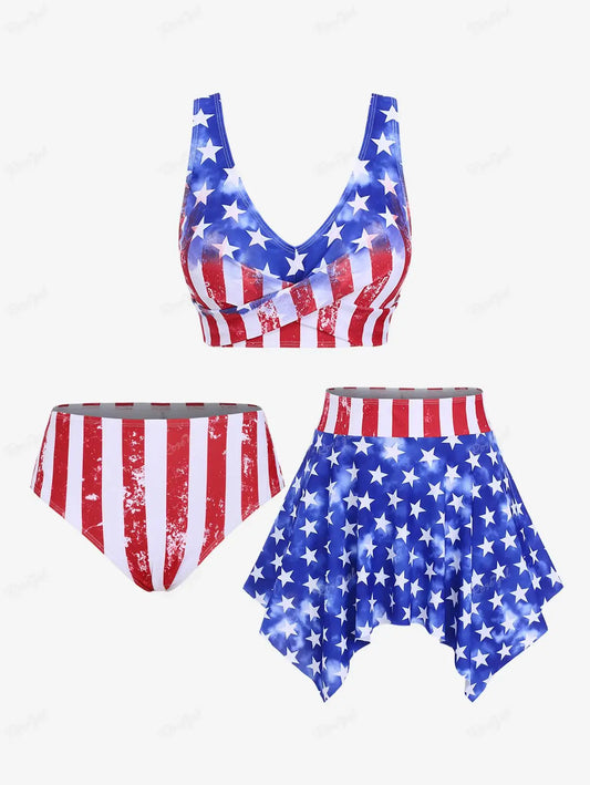 Swimwear- American Dream Swimwear 3-Piece Tankini for National Holidays & Beach Days- Blue- IndioGear Fashion and Gear