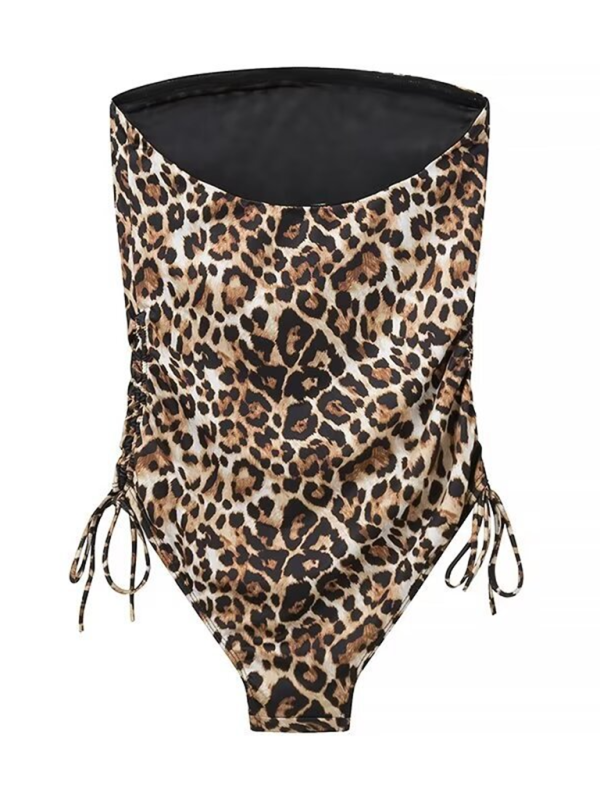 Swimwear- Animal Print Bandeau One-Piece Swimsuit for Women with Ruched Sides- - IndioGear Fashion and Gear