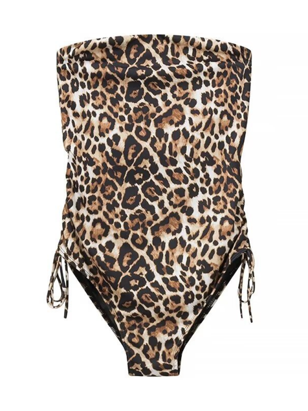 Swimwear- Animal Print Bandeau One-Piece Swimsuit for Women with Ruched Sides- - IndioGear Fashion and Gear