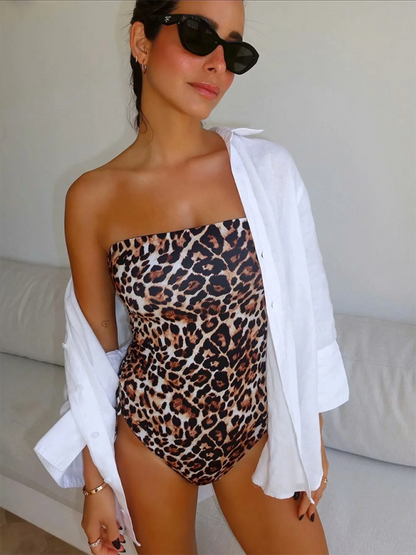 Swimwear- Animal Print Bandeau One-Piece Swimsuit for Women with Ruched Sides- - IndioGear Fashion and Gear