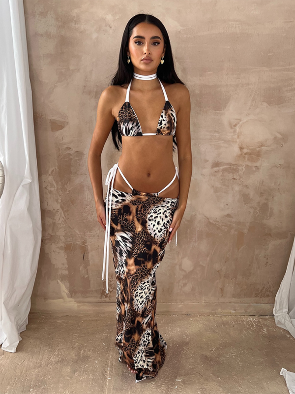 Swimwear- Animal Print Bikini with Triangle Bra and Skirt 3 Piece Swimwear- Leopard- IndioGear.com