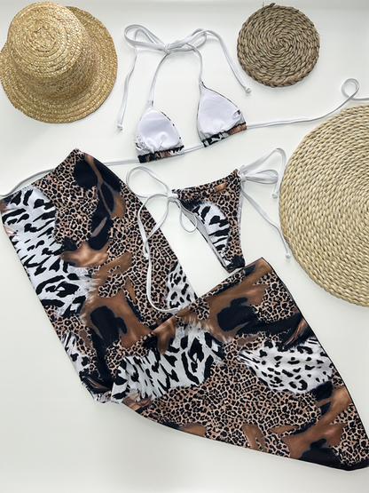 Swimwear- Animal Print Bikini with Triangle Bra and Skirt 3 Piece Swimwear- - IndioGear.com