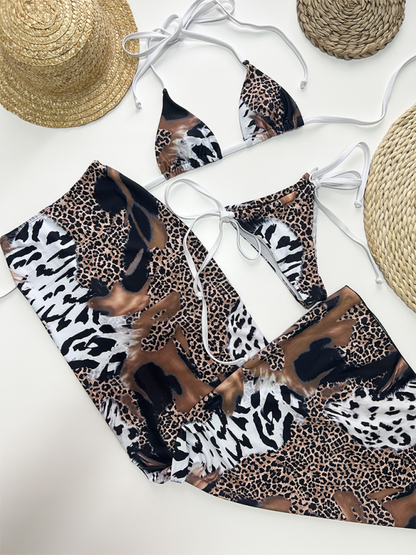 Swimwear- Animal Print Bikini with Triangle Bra and Skirt 3 Piece Swimwear- - IndioGear.com