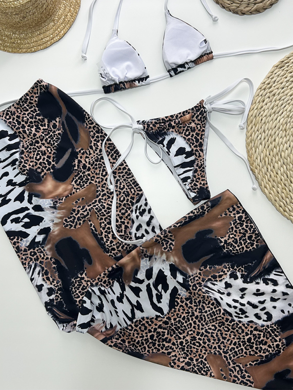 Swimwear- Animal Print Bikini with Triangle Bra and Skirt 3 Piece Swimwear- - IndioGear.com