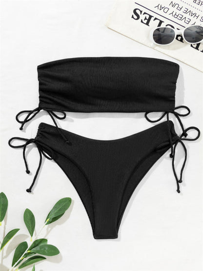 Swimwear- Bandeau Bra & High-Cut Bikini in 2 Piece Textured Ruched Sides Swimsuit- Black- IndioGear Fashion and Gear