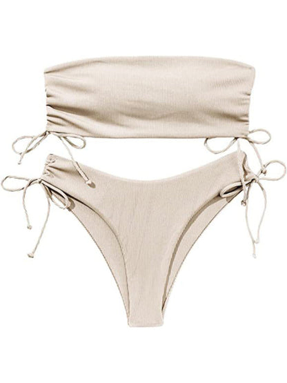 Swimwear- Bandeau Bra & High-Cut Bikini in 2 Piece Textured Ruched Sides Swimsuit- White- IndioGear Fashion and Gear