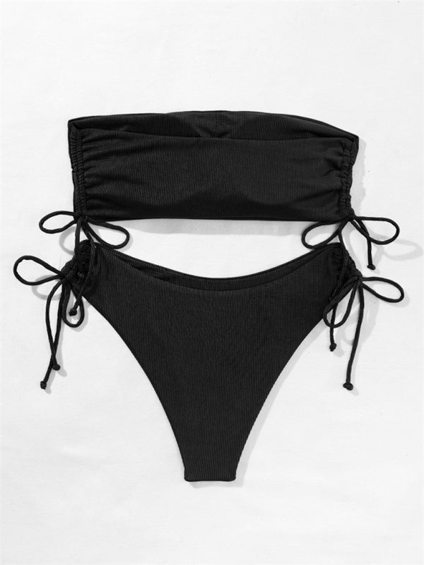 Swimwear- Bandeau Bra & High-Cut Bikini in 2 Piece Textured Ruched Sides Swimsuit- - IndioGear Fashion and Gear