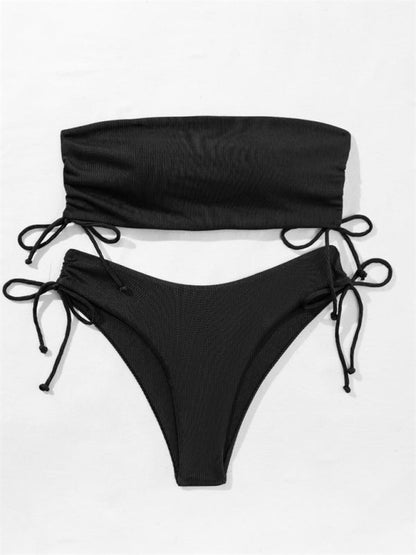 Swimwear- Bandeau Bra & High-Cut Bikini in 2 Piece Textured Ruched Sides Swimsuit- - IndioGear Fashion and Gear