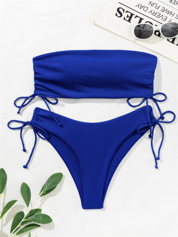 Swimwear- Bandeau Bra & High-Cut Bikini in 2 Piece Textured Ruched Sides Swimsuit- - IndioGear Fashion and Gear