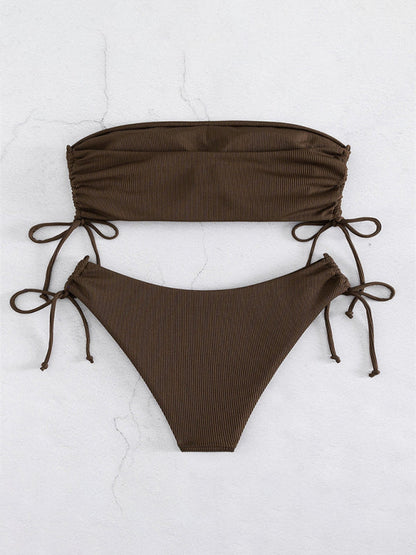 Swimwear- Bandeau Bra & High-Cut Bikini in 2 Piece Textured Ruched Sides Swimsuit- - IndioGear Fashion and Gear