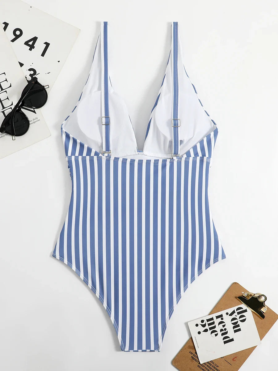 Swimwear- Beach Babe Essential Women's Plunging Striped One Piece Swimwear- - IndioGear Fashion and Gear