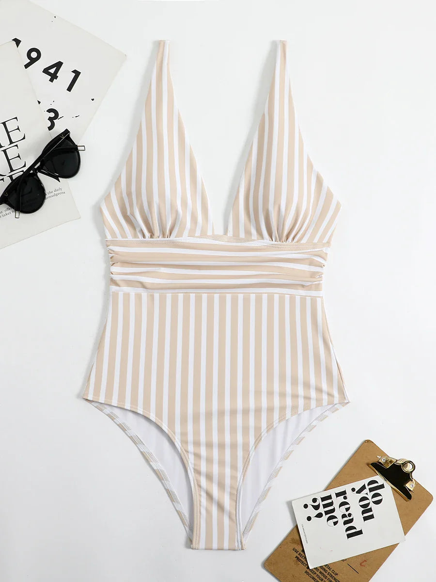 Swimwear- Beach Babe Essential Women's Plunging Striped One Piece Swimwear- - IndioGear Fashion and Gear