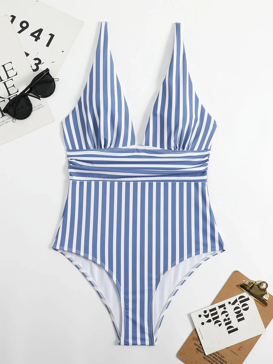 Swimwear- Beach Babe Essential Women's Plunging Striped One Piece Swimwear- - IndioGear Fashion and Gear