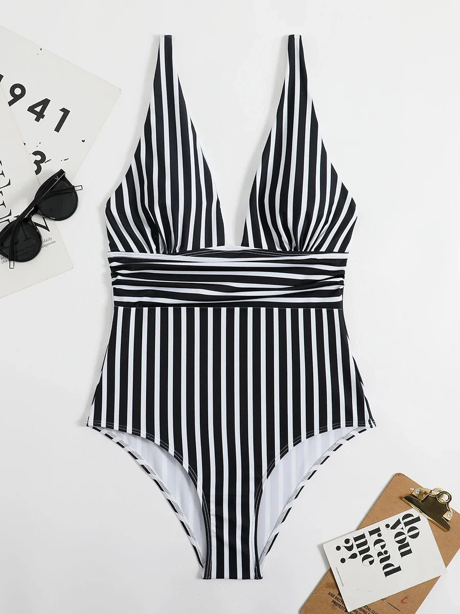 Swimwear- Beach Babe Essential Women's Plunging Striped One Piece Swimwear- - IndioGear Fashion and Gear