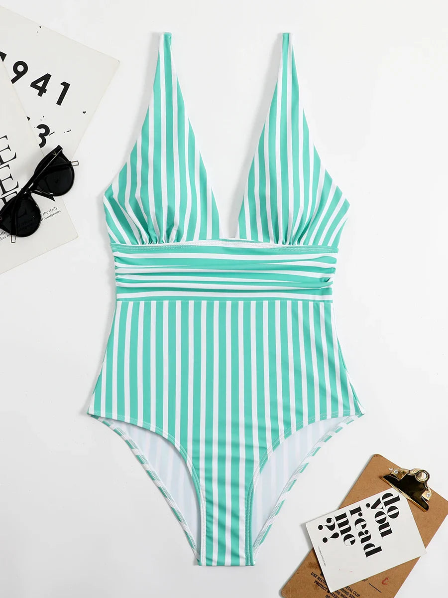 Swimwear- Beach Babe Essential Women's Plunging Striped One Piece Swimwear- - IndioGear Fashion and Gear