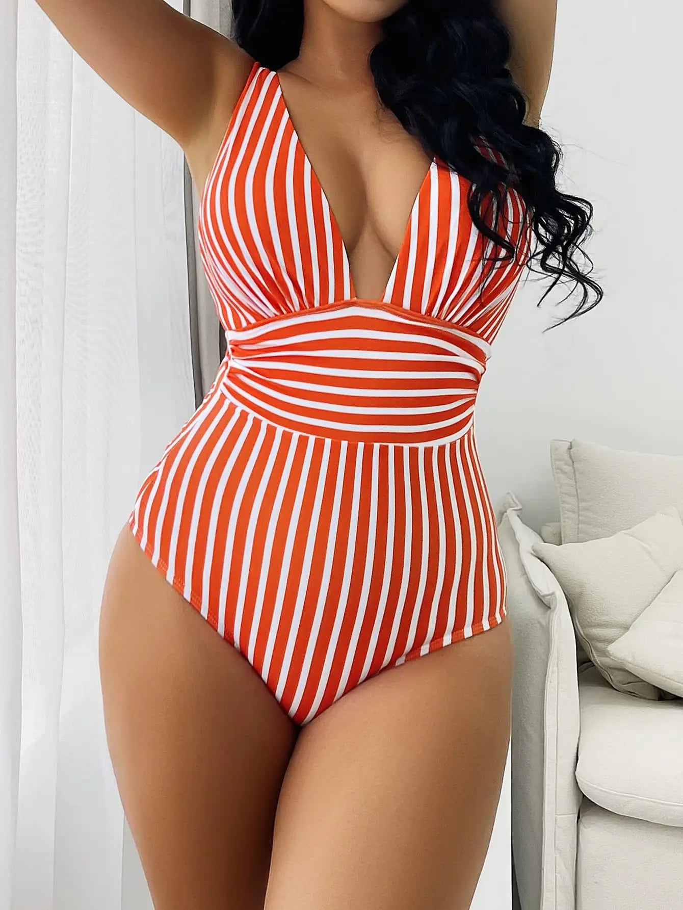 Swimwear- Beach Babe Essential Women's Plunging Striped One Piece Swimwear- Red- IndioGear Fashion and Gear