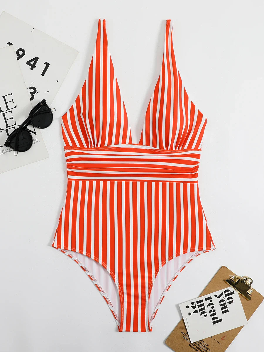 Swimwear- Beach Babe Essential Women's Plunging Striped One Piece Swimwear- - IndioGear Fashion and Gear