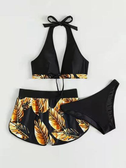 Women's Beach Color Block 3-Piece Set with Halter Bra & Board Shorts