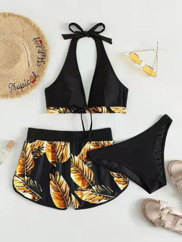 Women's Beach Color Block 3-Piece Set with Halter Bra & Board Shorts