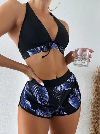 Women's Beach Color Block 3-Piece Set with Halter Bra & Board Shorts