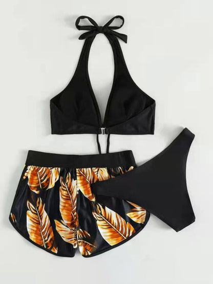 Women's Beach Color Block 3-Piece Set with Halter Bra & Board Shorts