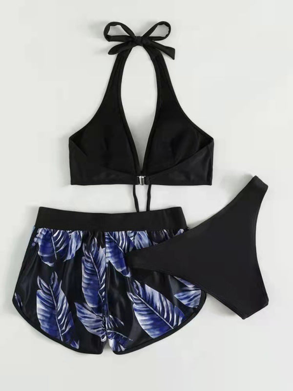 Women's Beach Color Block 3-Piece Set with Halter Bra & Board Shorts