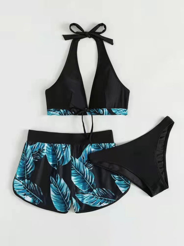 Women's Beach Color Block 3-Piece Set with Halter Bra & Board Shorts