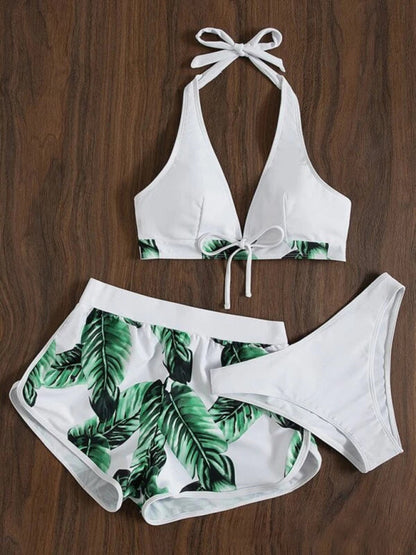 Women's Beach Color Block 3-Piece Set with Halter Bra & Board Shorts