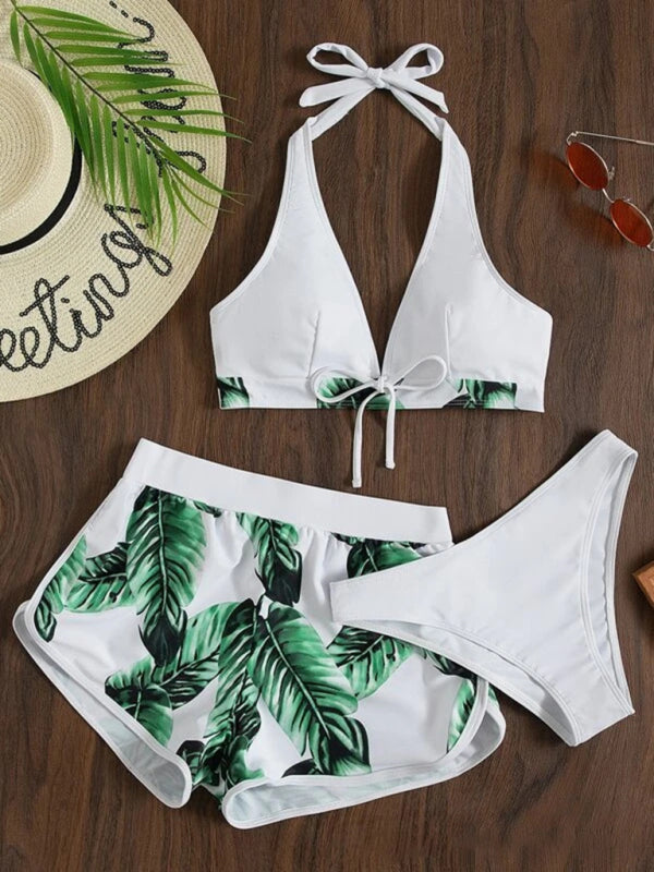 Women's Beach Color Block 3-Piece Set with Halter Bra & Board Shorts