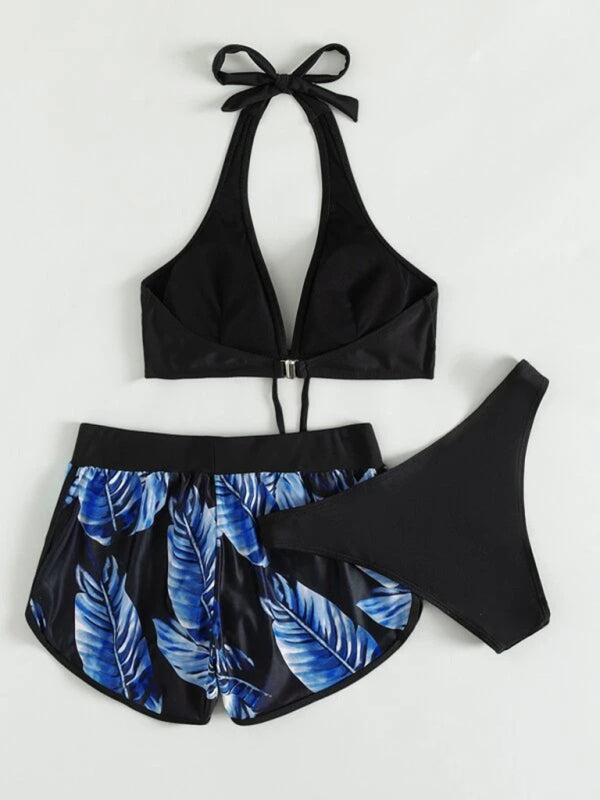 Women's Beach Color Block 3-Piece Set with Halter Bra & Board Shorts