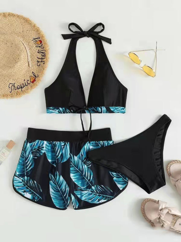 Women's Beach Color Block 3-Piece Set with Halter Bra & Board Shorts