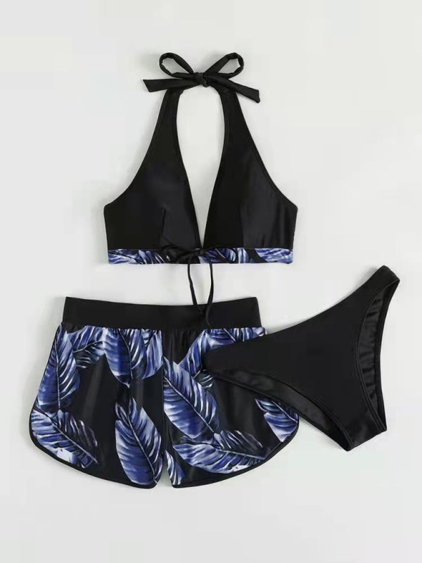 Women's Beach Color Block 3-Piece Set with Halter Bra & Board Shorts