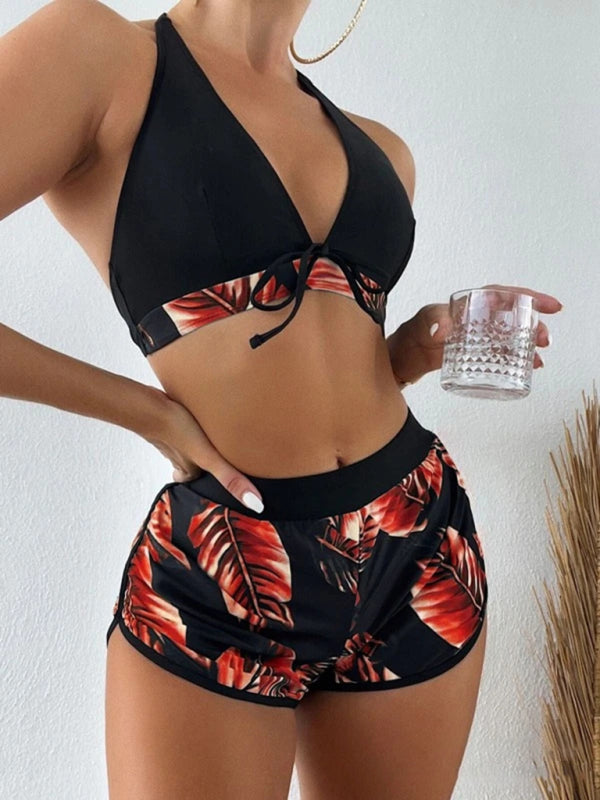 Women's Beach Color Block 3-Piece Set with Halter Bra & Board Shorts