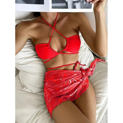 Swimwear- Beach Elegance 2-Piece Bikini with Marbled Cover-Up- Red- IndioGear.com