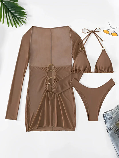 Beach Elegance Women Three-Piece Swimwear with Sheer Cover-Up