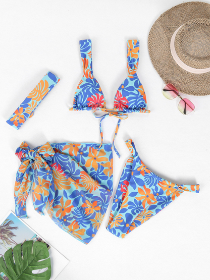 Swimwear- Beachwear Collection 4-Piece Bikini Set with Cover-Up & Headband- Blue- IndioGear.com