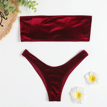 Beachwear Velvet Bandeau Bra & Bikini Set for Women