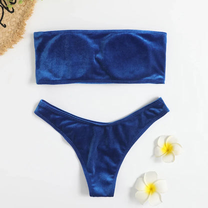 Beachwear-Set aus Samt-Bandeau-BH und Bikini für Damen