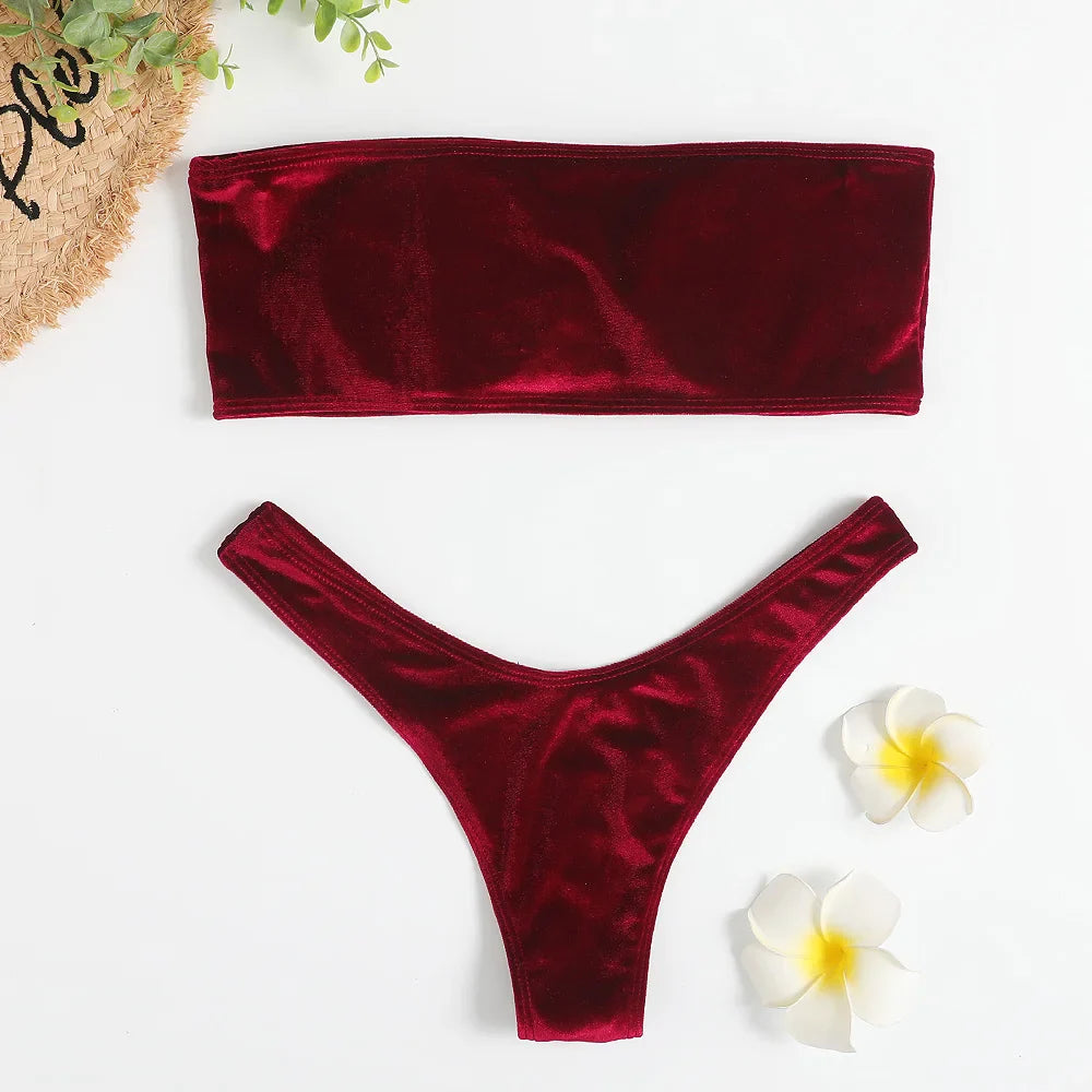 Beachwear Velvet Bandeau Bra & Bikini Set for Women