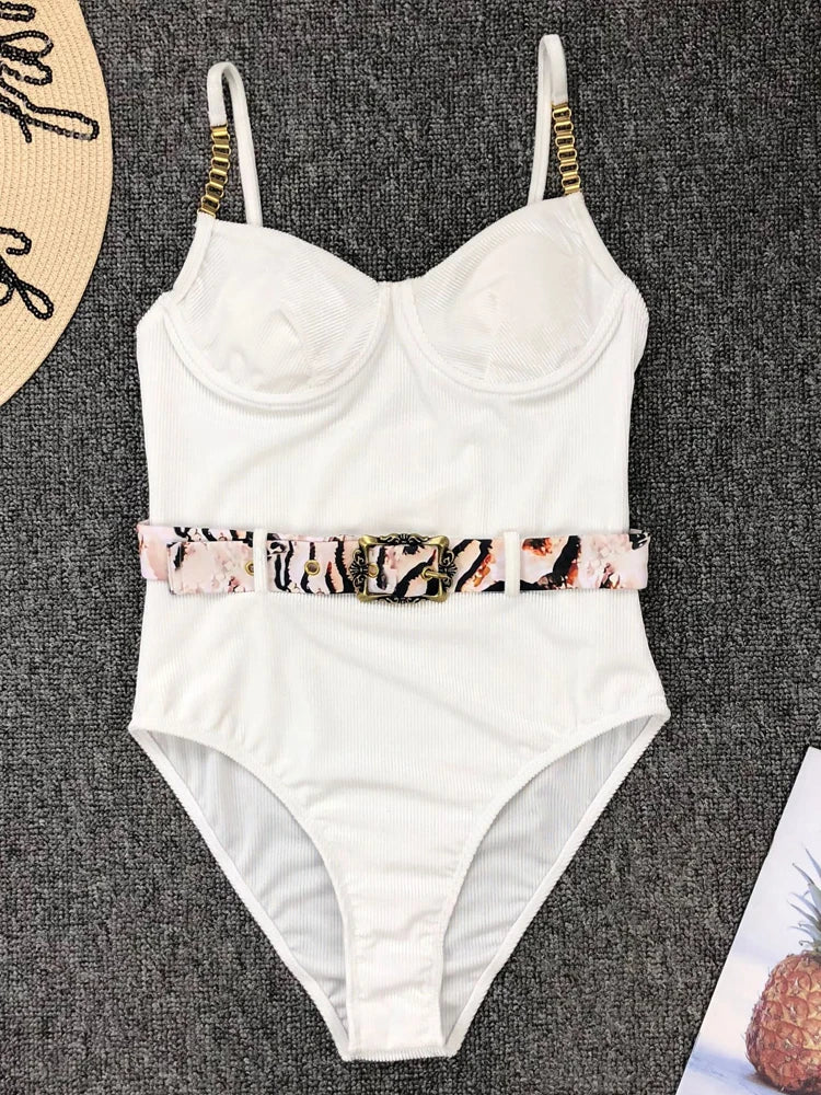 Swimwear- Push Up Underwire One-Piece Swimsuit with Belted- White 3- IndioGear.com