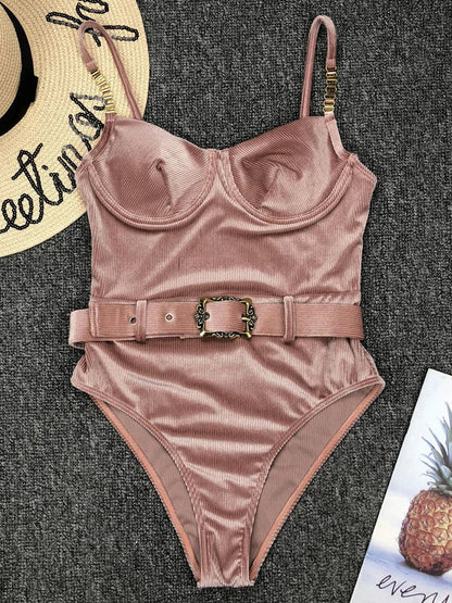 Swimwear- Push Up Underwire One-Piece Swimsuit with Belted- Dark pink- IndioGear.com