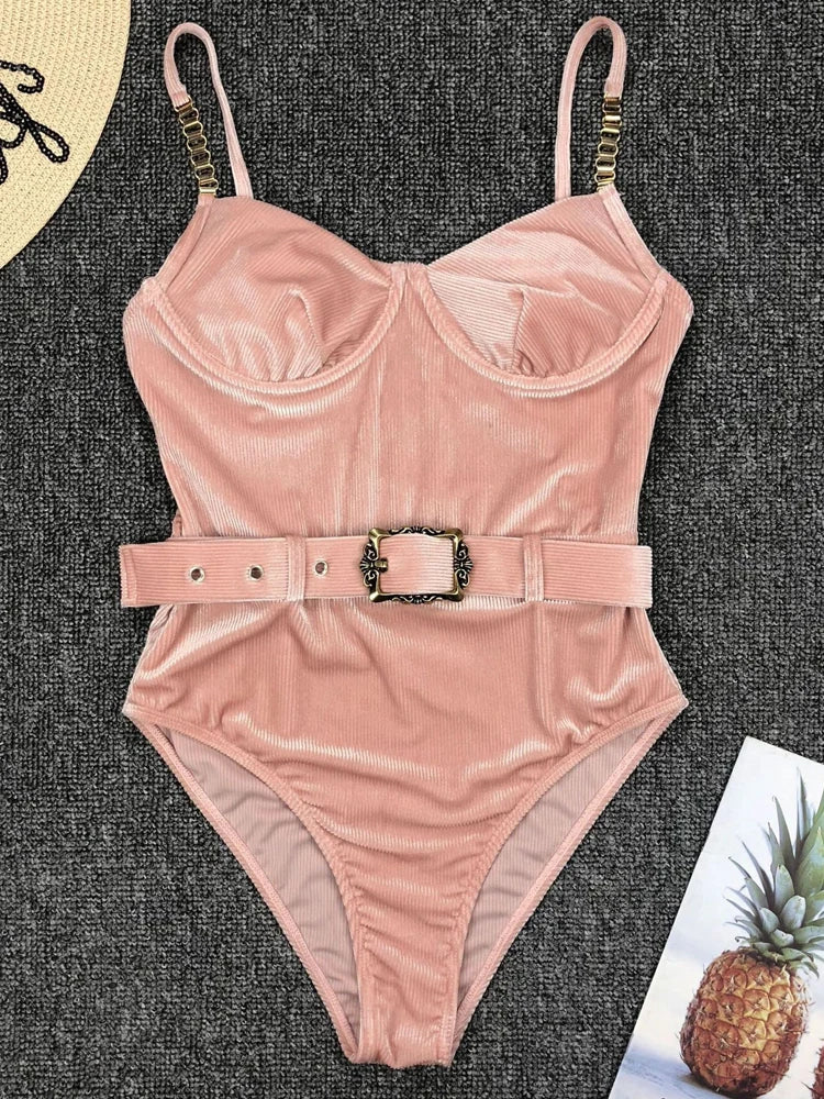 Swimwear- Push Up Underwire One-Piece Swimsuit with Belted- Pink- IndioGear.com