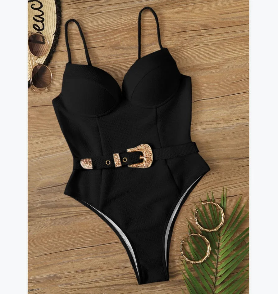 Swimwear- Push Up Underwire One-Piece Swimsuit with Belted- - IndioGear.com