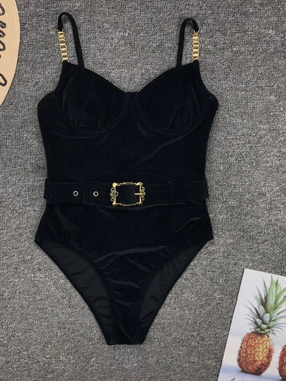 Swimwear- Push Up Underwire One-Piece Swimsuit with Belted- Black- IndioGear.com