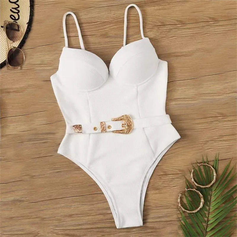 Swimwear- Push Up Underwire One-Piece Swimsuit with Belted- White 1- IndioGear.com