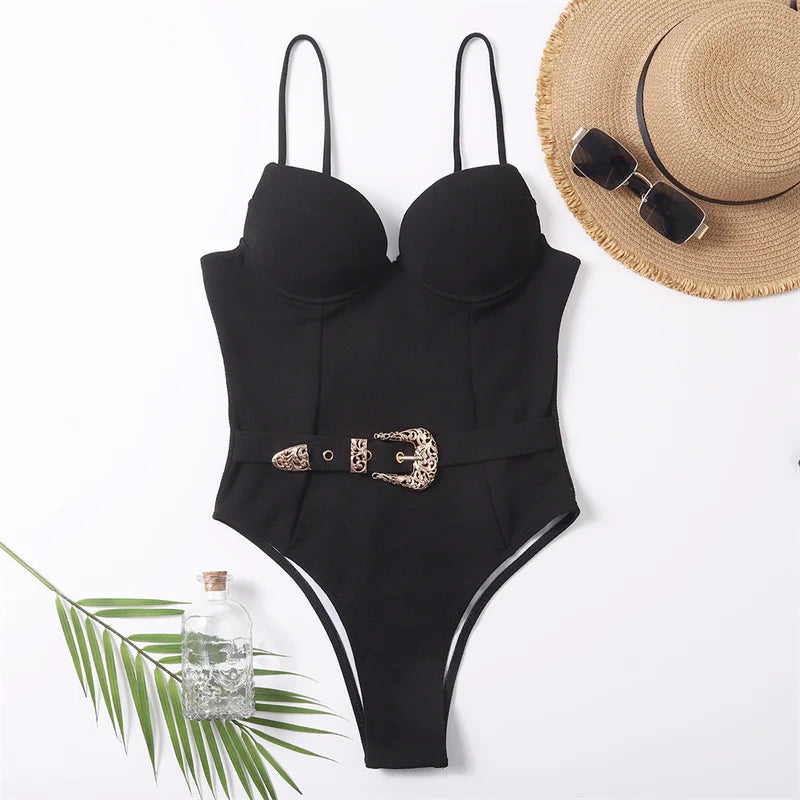 Swimwear- Push Up Underwire One-Piece Swimsuit with Belted- Black 1- IndioGear.com