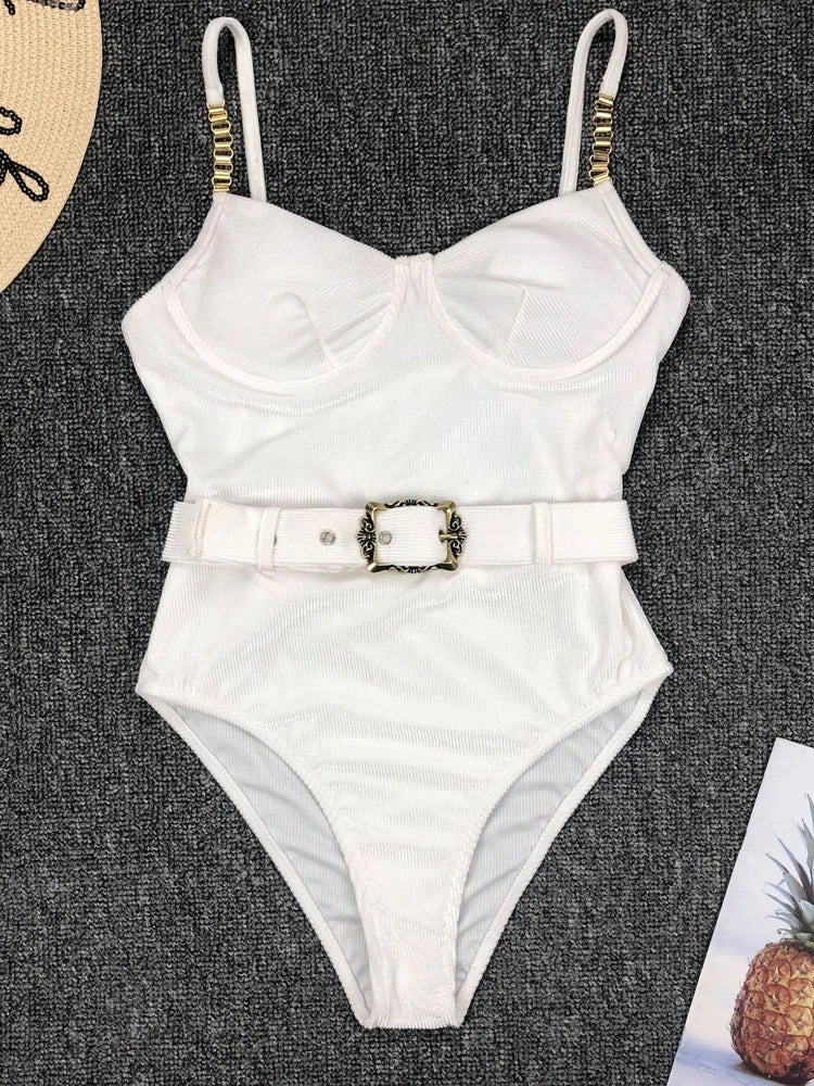 Swimwear- Push Up Underwire One-Piece Swimsuit with Belted- - IndioGear.com