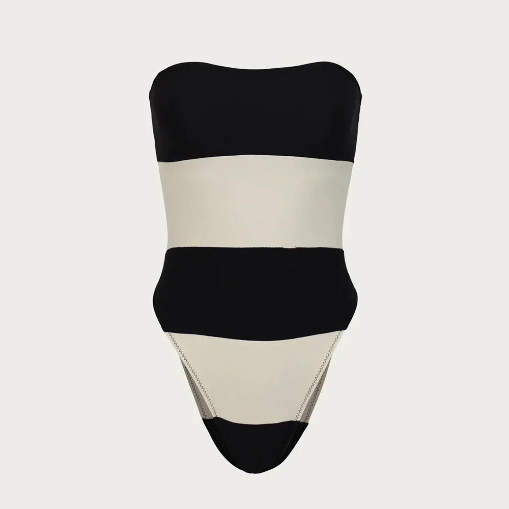 Swimwear- Monochrome Tube One-Piece Swimsuit in Black & White- - IndioGear.com